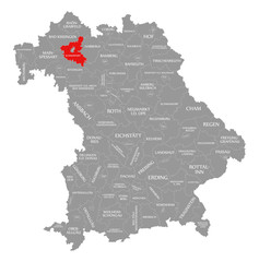 Schweinfurt county red highlighted in map of Bavaria Germany