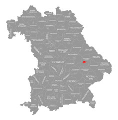 Straubing city red highlighted in map of Bavaria Germany