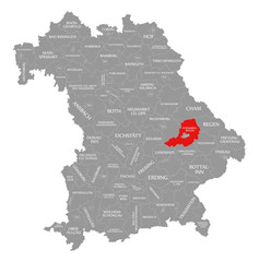 Straubing-Bogen county red highlighted in map of Bavaria Germany