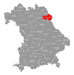 Fototapeta na wymiar Tirschenreuth county red highlighted in map of Bavaria Germany