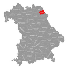 Fototapeta na wymiar Wunsiedel im Fichtelgebirge county red highlighted in map of Bavaria Germany