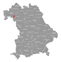 Wurzburg city red highlighted in map of Bavaria Germany