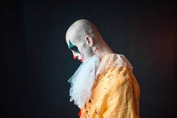 Sad bloody clown with makeup in carnival costume