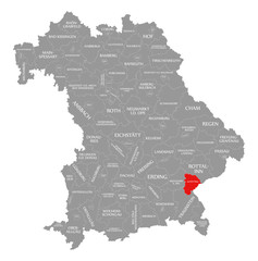 Altoetting county red highlighted in map of Bavaria Germany