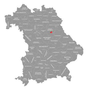 Amberg city red highlighted in map of Bavaria Germany