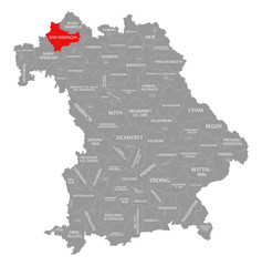 Bad Kissingen county red highlighted in map of Bavaria Germany