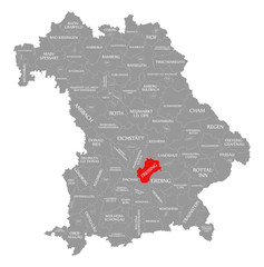 Freising county red highlighted in map of Bavaria Germany