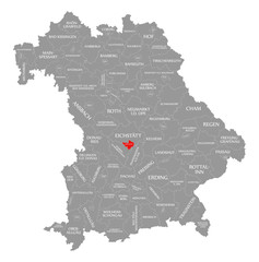 Ingolstadt city county red highlighted in map of Bavaria Germany