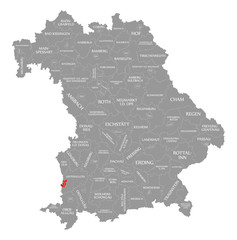 Memmingen city red highlighted in map of Bavaria Germany