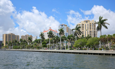 Skyline view of downtown West Palm Beach as seen from the Intracoastal Waterway.