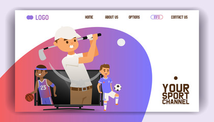Sport pattern vector web page sportsman people character playing golf basketball soccer game illustration background set of rugby football ball sportful backdrop sportive equipment landing web-page