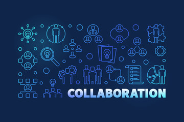 Collaboration outline blue modern banner. Vector illustration on dark background