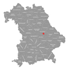 Fototapeta na wymiar Regensburg city red highlighted in map of Bavaria Germany