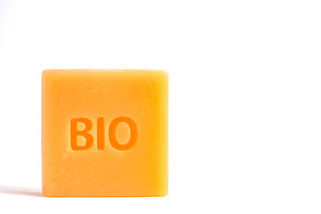 Natural bio soap isolated on white background. Top view. 100% organic fragrance free cosmetics concept