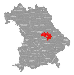 Regensburg county red highlighted in map of Bavaria Germany