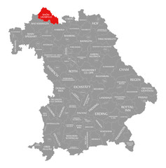 Rhoen-Grabfeld county red highlighted in map of Bavaria Germany