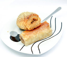 oriental turkish food, sweet baklava and rolled pastry