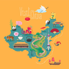 Map of China vector illustration, design. Icons with Chinese landmarks