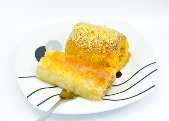oriental turkish food, sweet baklava and rolled pastry