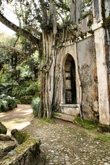 Fototapeta na wymiar Ancient stone ruins in a leafy garden of Sintra