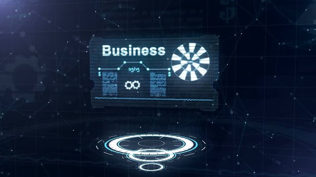 Three moving circles are on focus, then abstract business card is appering with a sign of looping wheel and some other diagrams. Lining out numbers. Zooming and turning from left to right. 4K.