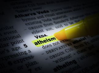 A yellow highlighted word in a page that reads: atheism