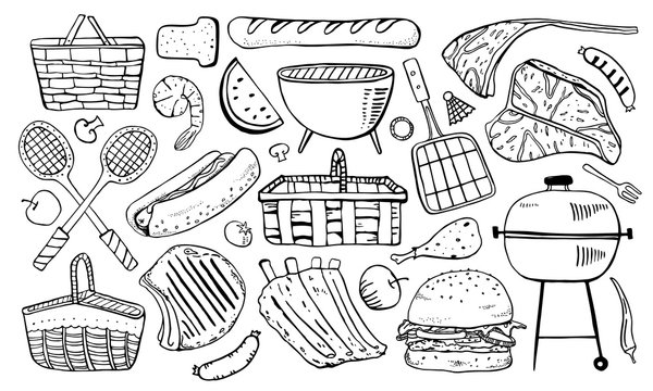 Picnic, grill and barbecue objects set. Outline vector sketch illustration isolated black on white background
