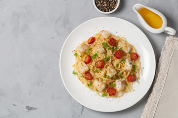 Spaghetti with cod. The view from the top. Copy-space.    