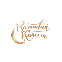 Vector illustration. Islamic Ramadan Kareem greeting beautiful gold lettering text with moon, stars on white background.