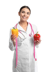 Portrait of female nutritionist on white background