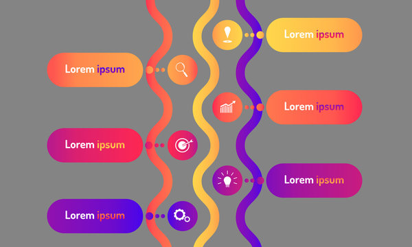 vertical wave time line data infographic modern design style with markpoint graph think search gear target icons. vector illustration eps10