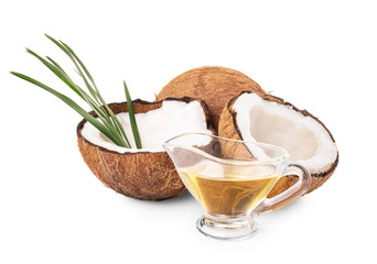 Composition with coconut oil on white background