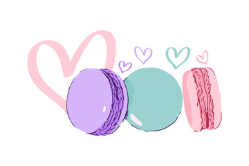 Colorful french dessert macaroons. Violet, blue and pink macarons on white background with hearts. Love macaroni illustration.