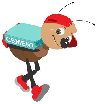 Ant worker carries bag cement. Vector cartoon illustration