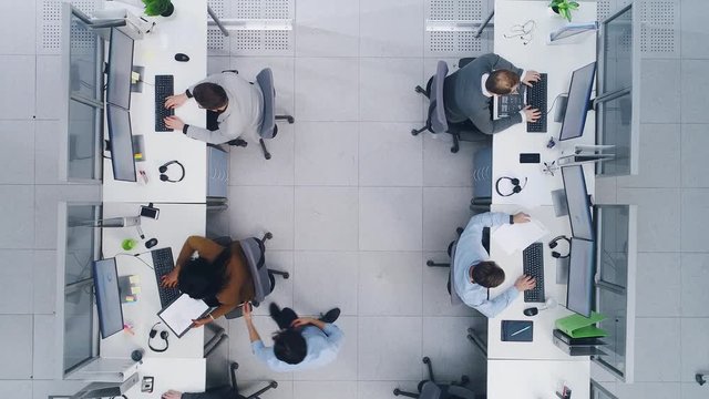Aerial Top Down Drone Shot of Big Busy Corporate Office with Tow Rows off Businessmen and Businesswomen Working on Desktop Computers. Bright Open Space Office with Businesspeople and Salespeople