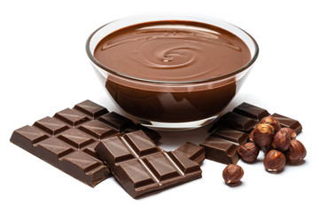 glass bowl of chocolate cream or melted chocolate isolated on white
