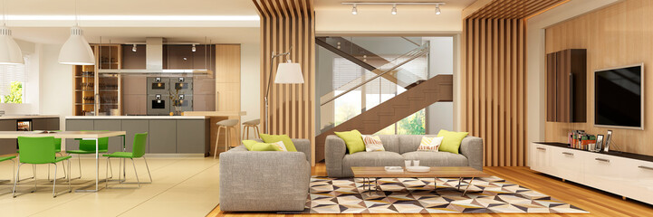 Modern house interior of living room with the kitchen. 3d rendering