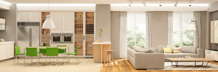 Modern house interior of living room with the kitchen. 3d rendering