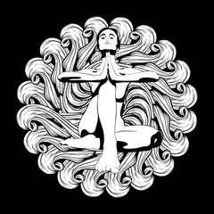 Vector hand drawn illustration of woman in yoga pose with circle ornament.
