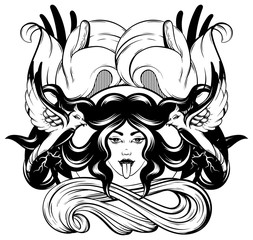 Vector hand drawn illustration of witch with tongue and birds.