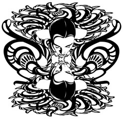 Vector hand drawn illustration of lying girl with reflection .