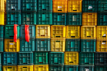 Red gloves on the production containers. Work in production in South Korea