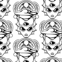 Vector pattern with hand drawn illustration of alien with frame isolated.