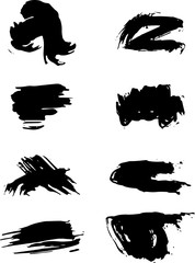 Brush strokes. Vector paintbrush set. Grunge design elements. Rectangle text boxes. Dirty distress texture banners. Ink splatters. Grungy painted objects.