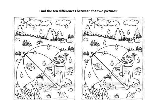 Rainy autumn or summer day find the differences picture puzzle and coloring page with umbrella, gumboots and happy frog. 