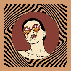 Vector hand drawn illustration of girl in sunglasses with mouths with slice of pizza,