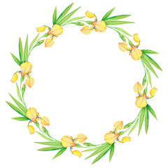 Yellow irises, beautiful delicate wreath of flowers and leaves, watercolor illustration .