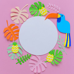 Pink background with white circle, pineapples, bird, and leaves