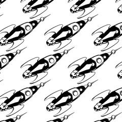 Vector pattern with hand drawn illustration of spaceship .