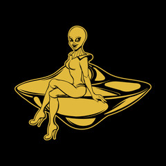 Vector hand drawn illustration of beautiful alien on the flying saucer isolated .